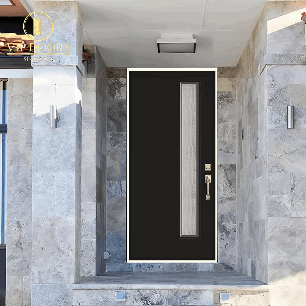 36 In. X 80 In. Left - Hand Inswing Narrow Lite Water Wave Glass Black Painted Fiberglass Prehung Front Door - VIP Hardware Store