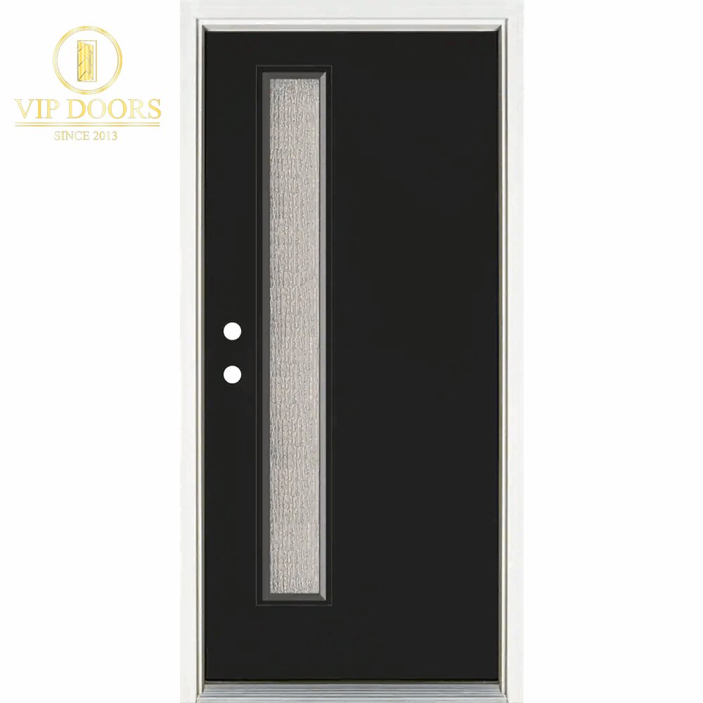 36 In. X 80 In. Left - Hand Inswing Narrow Lite Water Wave Glass Black Painted Fiberglass Prehung Front Door - VIP Hardware Store