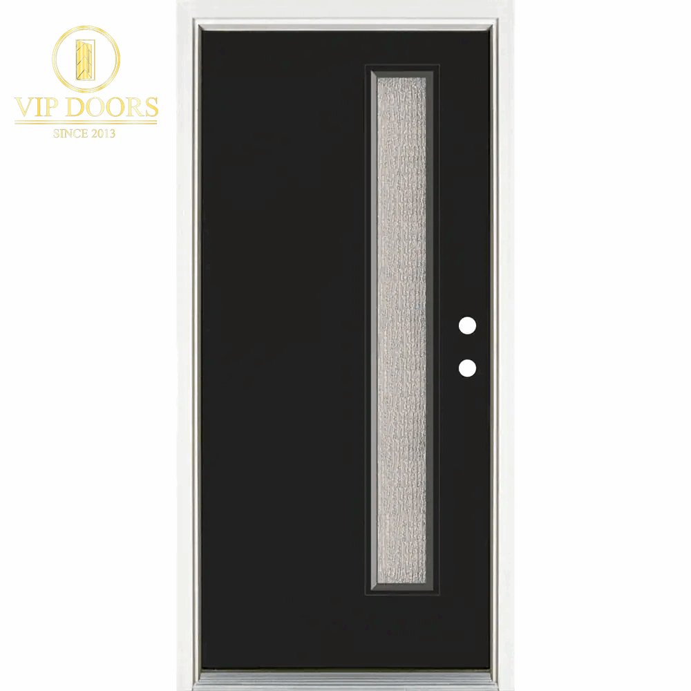 36 In. X 80 In. Left - Hand Inswing Narrow Lite Water Wave Glass Black Painted Fiberglass Prehung Front Door - VIP Hardware Store