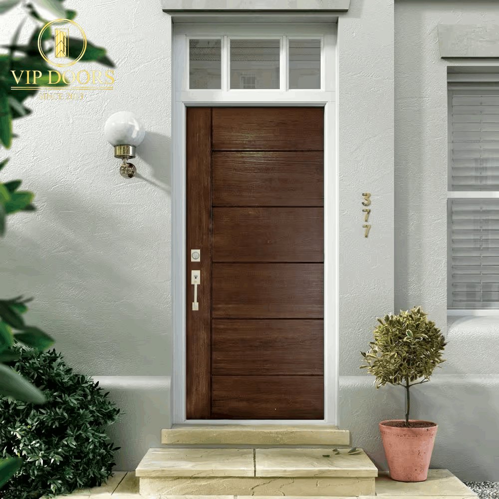 36 In. X 80 In. Medium Oak Right - Hand Inswing Contemporary Teak Stained Fiberglass Prehung Front Door - VIP Hardware Store