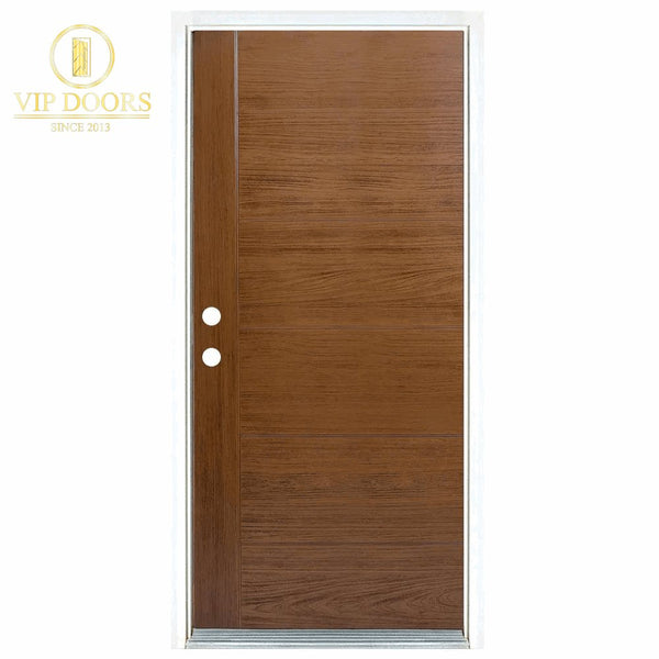 36 In. X 80 In. Medium Oak Right - Hand Inswing Contemporary Teak Stained Fiberglass Prehung Front Door - VIP Hardware Store