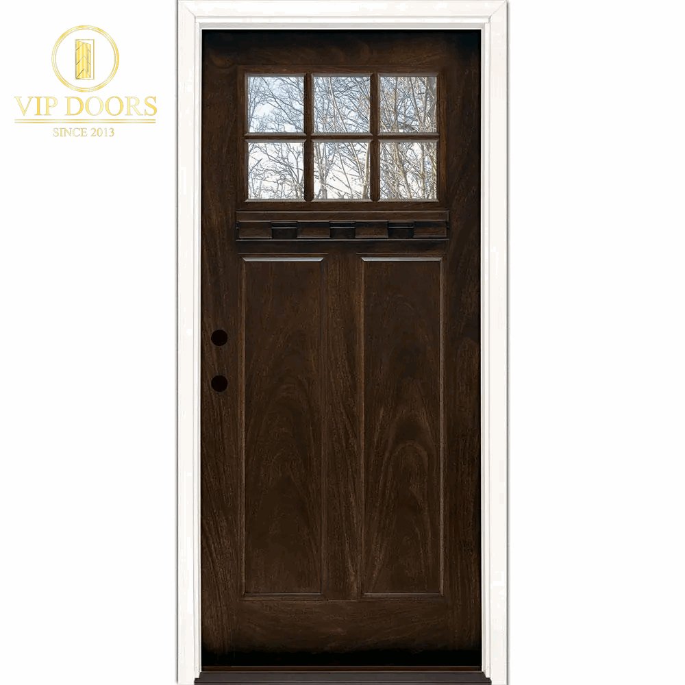 37.5 In. X 81.625 In. 6 Lite Craftsman - Stained Chestnut Mahogany Left - Hand Inswing Fiberglass Prehung Front Door - VIP Hardware Store