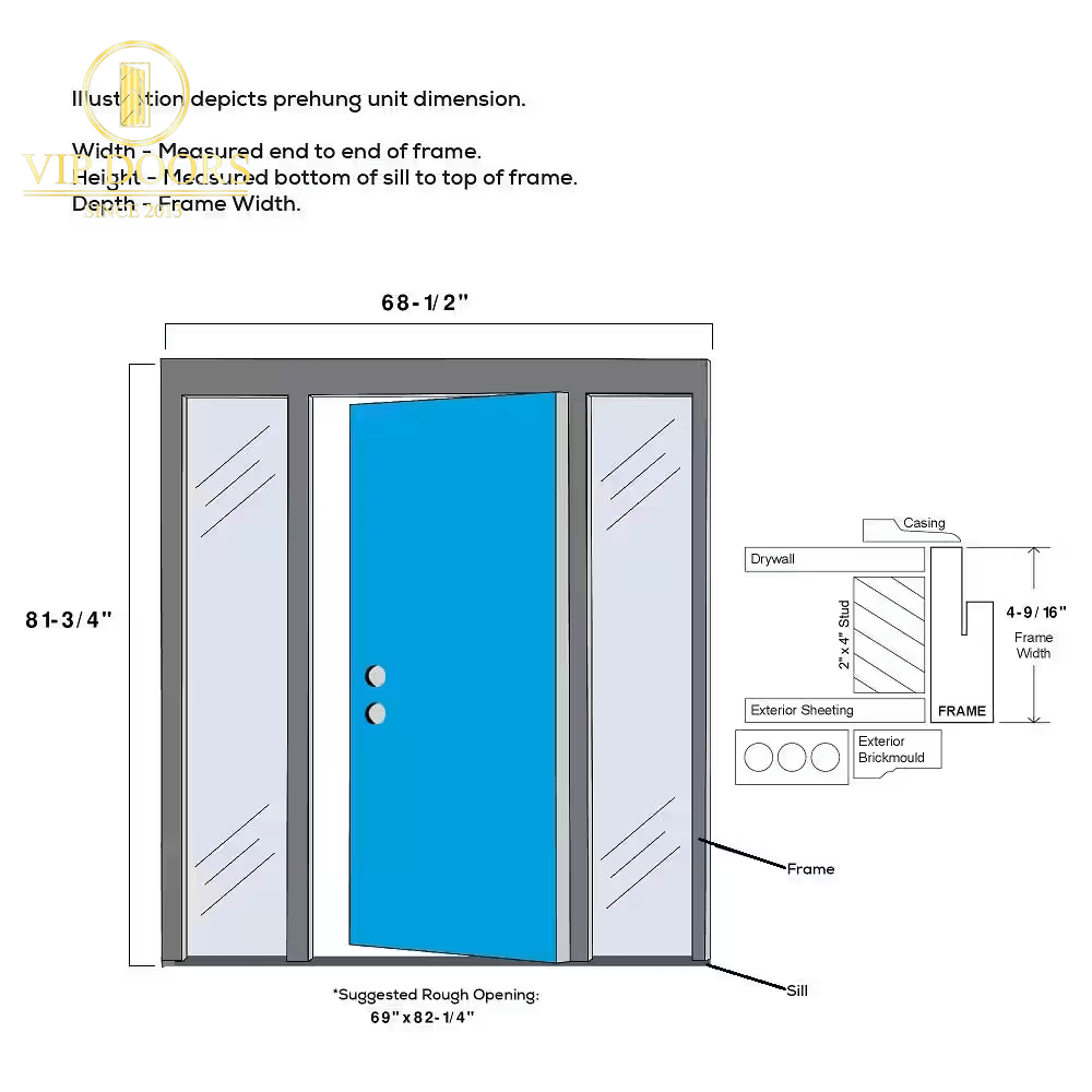 68.5 In. X 81.75 In. Celeste Right - Hand Inswing 4 - Lite Frosted Modern Painted Steel Prehung Front Door with Sidelites - VIP Hardware Store