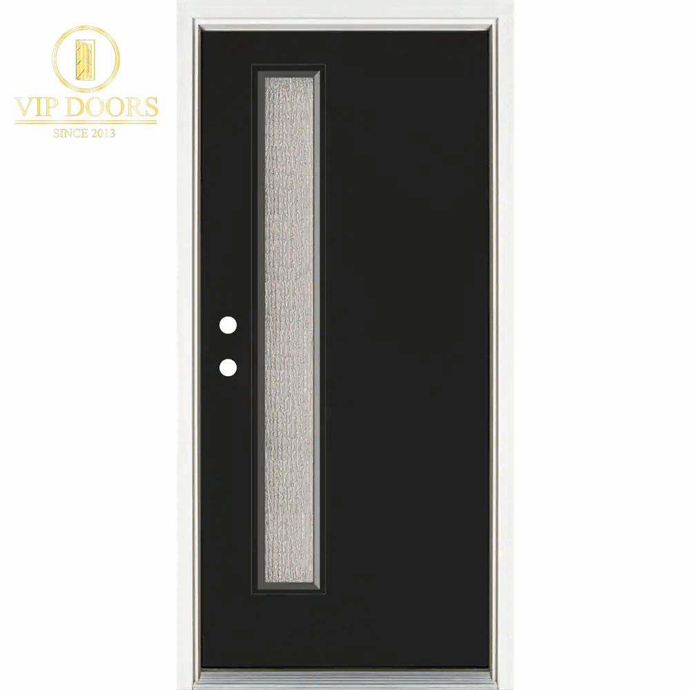 36 In. X 80 In. Left-Hand Inswing Narrow Lite Water Wave Glass Black Painted Fiberglass Prehung Front Door