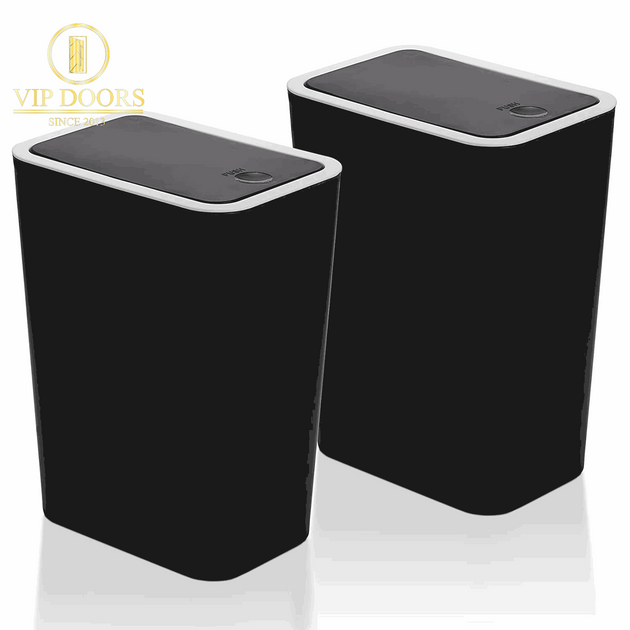 Trash Can, 2 Pack 7.5 Liter / 2 Gallon Plastic Garbage Container Bin with Press Top Lid, Garbage Can Waste Basket for Kitchen, Bathroom, Living Room, Office, Narrow Place, Black