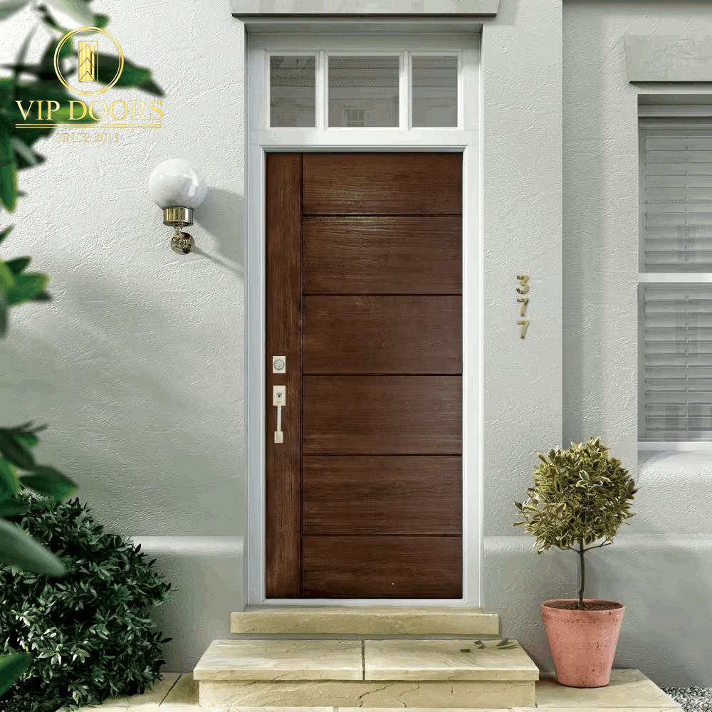 36 In. X 80 In. Medium Oak Right-Hand Inswing Contemporary Teak Stained Fiberglass Prehung Front Door