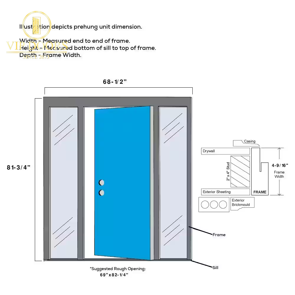 68.5 In. X 81.75 In. Celeste Right-Hand Inswing 4-Lite Frosted Modern Painted Steel Prehung Front Door with Sidelites